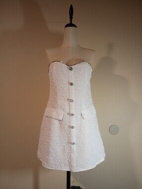 SheinBae Strapless White Mini-dress with Rhinestone Trim & Button Accents.